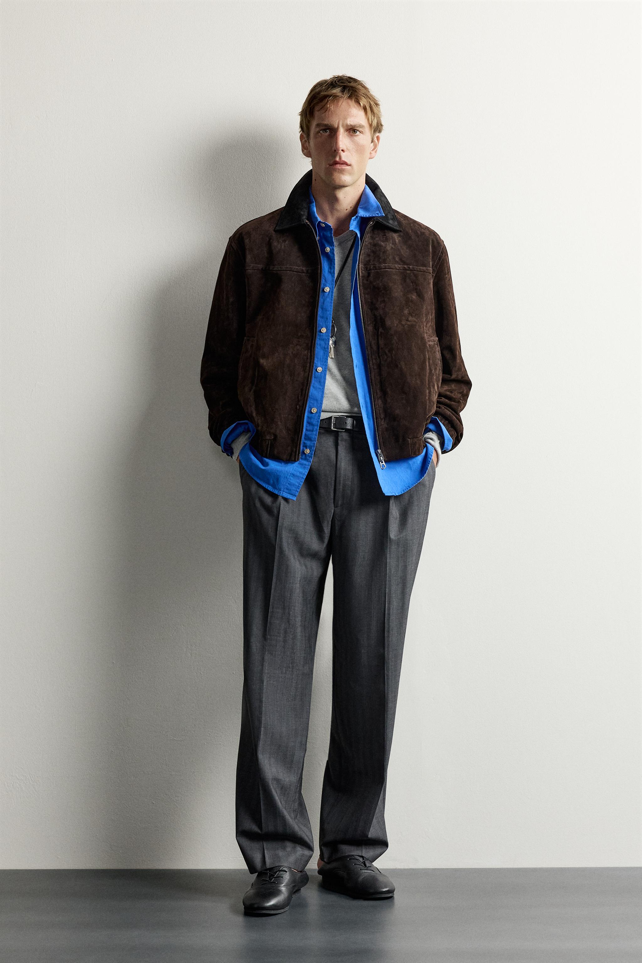 BLOUSON EN CUIR ET DAIM À COL CONTRASTE